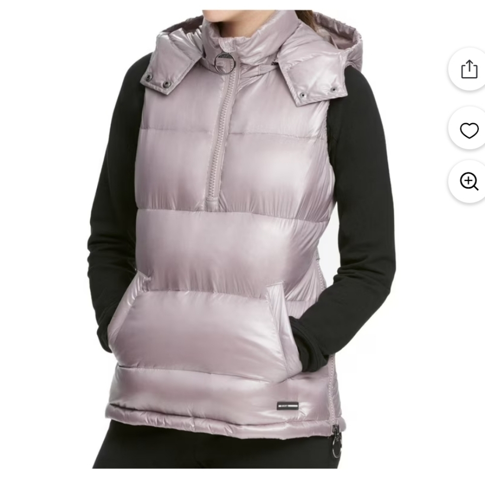 DKNY Sport Premium‎ Down Fill 1/4 Zip Hooded Puffer Vest Metalic Static Pockets